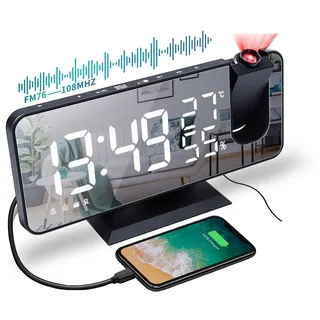 VORRINC Projektionswecker, Radiowecker Digitaler Wecker mit FM-Radio, 7" LED Spiegelbildschirm, Dual-Alarm mit USB-Anschluss, 4 Projektionshelligkeit, 180 ° Flip-Anzeige und 12 / 24H