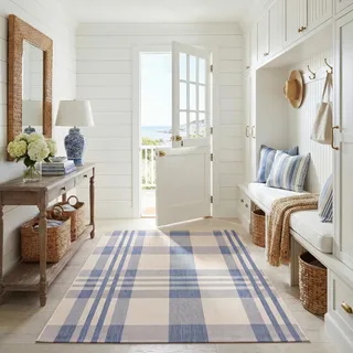 SAFAVIEH Zeitgenössische Teppich für Wohnzimmer, Esszimmer, Schlafzimmer - Courtyard Collection, Kurzer Flor, Beige und Blau, 122 X 170 cm