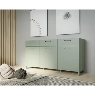 Sideboard >SILBA< in (Salbei grün), 3 Türen, 3 Schubladen - 164,6x93,4x41,1cm (BxHxT) - Grün