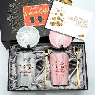 exreizst Kaffeebecher Set Housewarming Geschenk Paar Marmor Tassen | Mit Deckel und Löffeln, 400 ml Keramik, Marmor Design, ideales Housewarming Geschenk für neues Zuhause