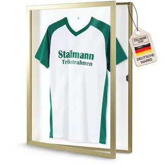 Stallmann Design Trikotrahmen 'Easy Click & Fill' mit Tür | Rahmen-Farbe: Gold | Hintergrund: Weiß | Größe: 70 x 90 cm | hochwertige und leicht zu befüllende Vitrine für Trikots