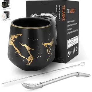TELANKS Modernes Mate Becher, Espressotassen 200 ml, Tassen aus Keramik ohne Henkel, Espressotassen dickwandig, Mate Bombillas (Strohhalm) und eine Reinigungsbürste (Schwarz)