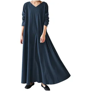TRIGLICOLEUM Winterkleid Damen Vintage Einfarbige Maxikleid Lose Baggy Kaftan Langarm V-Ausschnitt Pulloverkleid Warme Baumwolle Langes Kleid Freizeitkleid Tägliches Urlaubskleid Große Größen 5XL