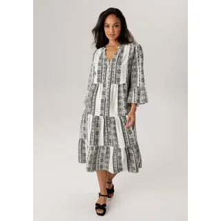 Midikleid ANISTON PLUS, Damen, Gr. 44, N-Gr, schwarz-weiß (weiß, schwarz), Web, Obermaterial: 85% Viskose, 15% Polyamid, bedruckt, gemustert, lässig geschnitten wadenlang, V-Ausschnitt, Volant, Kleider Midikleid, mit Volant - NEUE KOLLEKTION