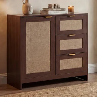 Mendler Kommode HWC-P50, Schrank Sideboard Highboard, Schubladen Staufach, MDF Melamin Leinenfront ~ Walnuss