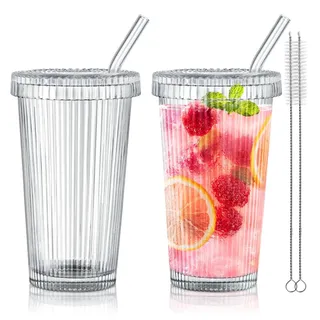 Joeyan 375ml Klare Trinkbecher mit Deckel und Strohhalm, 2er Set Gerippte Glas Kaffeebecher mit Glasdeckel für iced coffee Saft latte wasser bubble tea, Dick Trinkgläser für Büro Zuhause Nachttisch