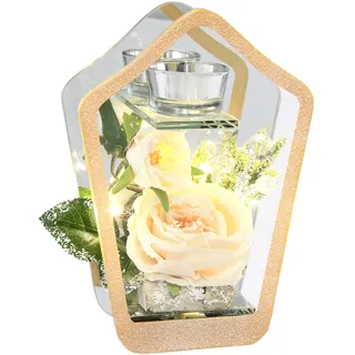 Flair Flower Dekorierter Teelichthalter aus Glas mit Kunstblume Rose und LED Licht Lampe Kerzenhalter Weihnachtsdeko Stabkerze Dekoration Weihnachten Glas für Tischdeko Geschenke Dekoobjekt Ornamente 3D Bild