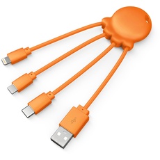 Xoopar Multi USB Kabel 4 in 1 Universal-Ladegerät – widerstandsfähig mit Micro-USB – USB C – Lightning für Smartphone und iPhone Octopus-Kabel – Orange