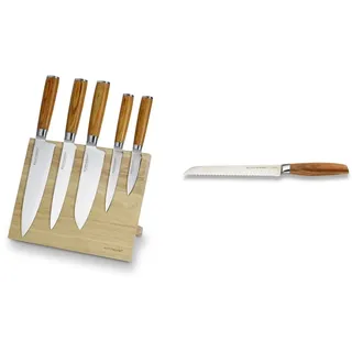 Echtwerk Damastmesser Set 6 Teilig, Holz, Silber, 21,5 x 12,5 x 35,7 cm, 6-Einheiten(5 Messer + Messerblock) & Edition aus hochwertigem Stahl, Brotmesser mit Wellenschliff, Küchenmesser 20 cm