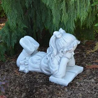Massive Steinfigur Mädchen mit Buch liegend Kinderfigur Mädl Steinguss frostfest - grau - 27 cm X 35 cm X 48 cm