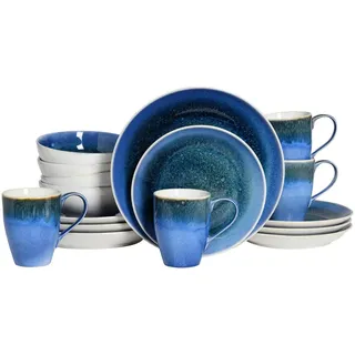 Creatable Kombiservice , Blau, Weiß , Keramik , 16-teilig , 300 ml,400 ml , handbemalt, lebensmittelecht, stapelbar , Geschirr, Geschirrsets, Kombiservice