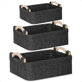 KYYLZ 3er Filzkorb Aufbewahrung, Verdickter Filzkorb Klein, Filz Aufbewahrungskorb mit Griff aus Holz, Korb Aufbewahrung Filz Aufbewahrungsbox Organizer für Regal Schränke(Anthrazit)