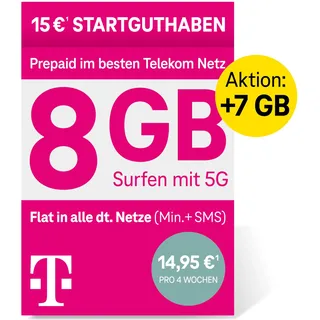 Telekom MagentaMobil Prepaid L SIM-Karte ohne Vertragsbindung, 5G inkl. I 15 GB & Allnet Flat (Min, SMS) in alle dt. Netze + EU-Roaming I Surfen mit 5G/ LTE Max & Hotspot Flat I 15 EUR Startguthaben