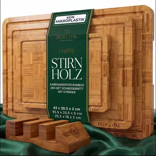 Deer & Oak 3-teiliges Schneidebrett-Set aus karbonisiertem Endkorn-Bambus mit Ständer, vorgeöltes Holz-Schneidebrett-Set, Korbgeflecht-Design, langlebige Metzgerblock-Schneidebretter