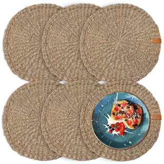 FRIHET Tischset rund - Seegras geflochten (6er Set) Platzset Ø 33 cm, Natur Tischdeko, Tischsets Platzsets abwischbar, Platzdeckchen Esstisch, Hygge Skandi Boho