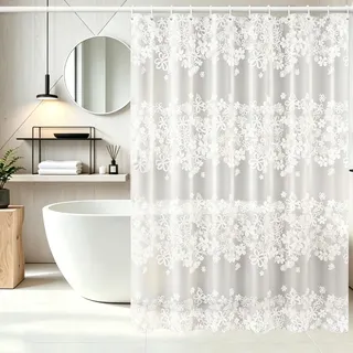 Vllcsla Duschvorhang Blumenmuster Anti Schimmel Wasserdicht, 300x200 cm, 300 cm Breite Waschbar Plastik Badvorhang, Duschvorhang Weiß mit Blumen, Duschvorhänge für Badezimmer, mit Haken