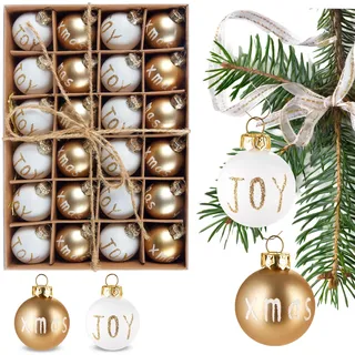BRUBAKER 24-teiliges Set Weihnachtskugeln Joy & Xmas - 3 cm Mini Christbaumkugeln für Weihnachtsbaum - Handbemalter Christbaumschmuck Kugeln - Bruchsichere Weihnachtsbaumkugeln - Gold und Weiß