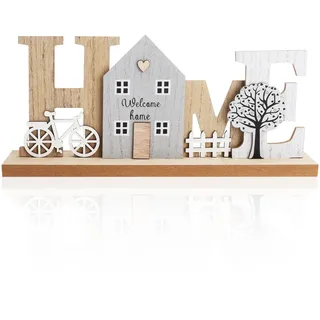VOSSOT Holz-Aufsteller Dekoartikel mit Haus, Baum & Fahrrad-Motiv, Deko Aufsteller aus Holz, Deko Aufstellerr Schriftzug Home aus Holzs Weihnachten Home Decoration für Wohnzimmer Flur und Schlafzimmer