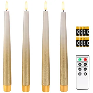 Fanna 4 Echtwachs Led Stabkerzen mit Fernbedienung, Rustikale Flammenlose Spitzkerzen mit Timer für Weihnachten Dekorationen und Adventskranz - H 24,5cm - Sandgrau/Gold
