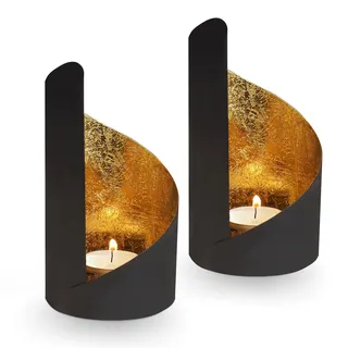 Gadgy Teelichthalter Schwarz Gold - Windlicht Esstisch Deko 2er Set - Teelichthalter Metall Wohnzimmer Modern - Windlicht Metall Deko schwarz - Tischdeko Windlichter schwarz - Wohndeko Set