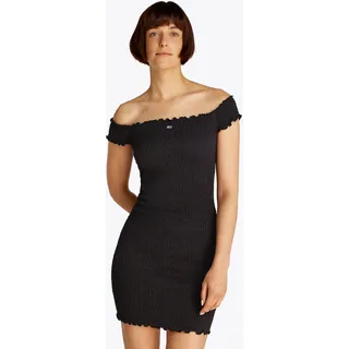 Jerseykleid TOMMY JEANS "TJW SMOCK BODYCON DRESS", Damen, Gr. XL (42), N-Gr, schwarz, Jersey, Obermaterial: 95% Baumwolle, 5% Elasthan, unifarben, figurbetont mini, Carmenausschnitt, Kleider Jerseykleid, in Smok-Optik