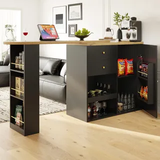 okwish Um 360° drehbare Essbar Küchentisch mit 2 Schubladen und Schiebetürschrank,kücheninsel mit 3 Ebenen offener Stauraum,für Esszimmer usw.Schwarz - Schwarz