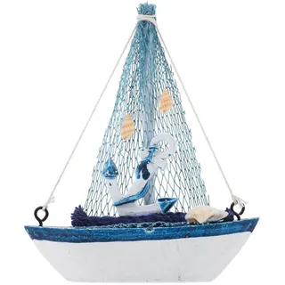 VOSAREA Holz Segelboot Deko: Holz Segelschiff Modell Deko - Maritime Dekoration Boot mit Fischernetz und Muschel Strand - Kleines Nautische Segelboot Wohnkultur Dekoration
