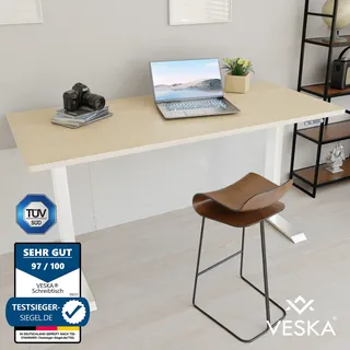 Höhenverstellbarer Schreibtisch (140 x 70 cm) - Sitz- & Stehpult - Bürotisch Elektrisch Höhenverstellbar mit Touchscreen & Stahlfüßen - Weiß/Bambus - Weiß, Hellbraun