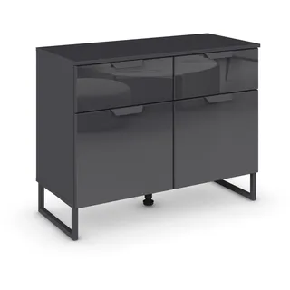 Rauch Möbel Modern by Aditio Kommode, Sideboard klein, Mehrzweckschrank, Kommode, 2-türig, 2 Glastüren, 2 Schubladen, Soft-Close, Kufenfuß, Farbe Glas Basalt/Grau metallic, Schwarz, 93x73x44cm