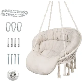 Bathonly Hängesessel mit Kissen, handgefertigter Makramee-Schaukelstuhl mit mit hängenden Kits, Bohemian Coton Hängeschaukel, Hängestuhl für Indoor & Outdoor, bis 150 kg belastbar, Beige