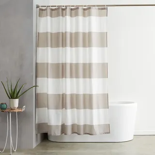 Amazon Basics Duschvorhang, Wasser- und schimmelresistenter Stoff, Badezimmervorhang mit Ösen und Haken, maschinenwaschbar, 183 x 183 cm, Beige gestreift