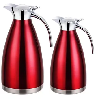 2er Set Thermoskanne 1L + 1,5L Isolierkanne Teekanne Thermosflasche Kaffeekanne Rot