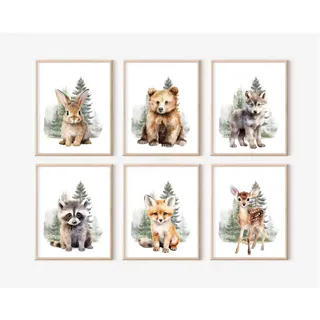 Wandkunst, Waldtiere, Kinderzimmer, Wandkunst, Set mit 6 Stück, Baby-Jungenzimmer, Wandkunst, Waldtier, Leinwand, Wanddekoration, Kinder-Kunstdrucke, Aquarell, Bär, Hirsch, Fuchs, Bilder, Kunstwerk