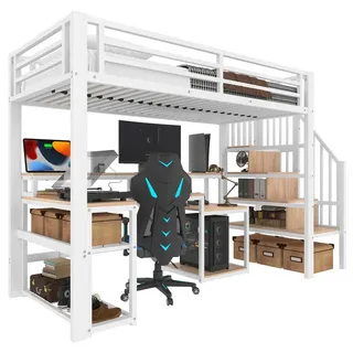 Modfu Hochbett aus Metall und MDF 90x200 cm Weiß mit LED-Beleuchtung, USB-Anschluss, Schreibtisch und Stauraumtreppe , 90x190 cm , Babymöbel & Kindermöbel, Kinderzimmer & Jugendzimmer, Kinderbetten, Hochbetten