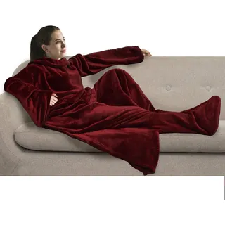 PAVILIA Fleecedecke mit Ärmeln und Fußtaschen für Damen und Herren, Erwachsene, tragbare Decke, Überwurf, warm, extra weiche Schlafdecke mit Füßen, Geschenk für Frauen und Mutter (Burgunderrot)