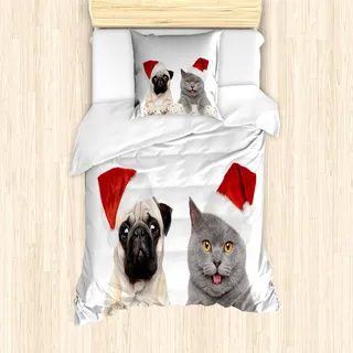 ABAKUHAUS Mops Bettbezug Set für Einzelbetten, Weihnachtsthema Hunde Katze, Milbensicher Allergiker geeignet mit Kissenbezug, Mehrfarbig