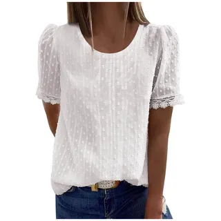 Bluse Damen Kurzarm - Boho Spitzen Oberteile Damen, V-Ausschnitt Doppellagig Tunika Elegant Frühling T-Shirt Tops Curvy Mode Trachtenbluse Sommer Trachtenshirt Festliche Blusen