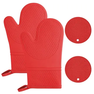 AUAUY 1 Paar Silikon Ofenhandschuhe Set, mit 2 Topflappen, Hitzebeständige
