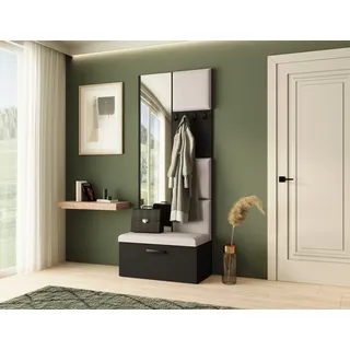 Garderobe MARGARET III, Farbe: Schwarz + Hellbeige, mit gepolsterten Paneelen, Spiegel und Kleiderhaken - Schwarz, Beige