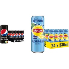 Pepsi Zero Zucker, EINWEG Dose (24 x 0,33 l) & LIPTON ICE TEA Sparkling Zero, Kohlensäurehaltiger Eistee mit Zitronen Geschmack ohne Zucker, EINWEG Dosen (24 x 0.33 l)