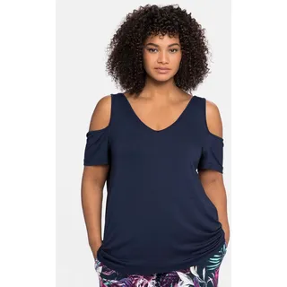 Sheego T-Shirt »Strandshirt mit V-Ausschnitt, im schulterfreien Look«, mit V-Ausschnitt, im schulterfreien Look, blau