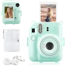 Rieibi Instax Mini 12 Tasche – Glitzerhülle für Fujifilm Instax Mini 12 Sofortbildkamera mit Fototasche auf der Rückseite, transparentem Schultergurt und Mini-Fotoalbum - Glitzer Grün