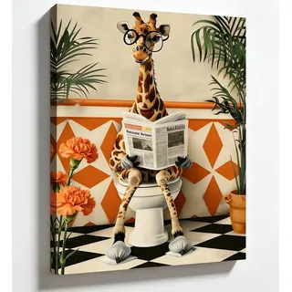PIGPIGFLY Witziges Tier-Poster fürs Badezimmer - Giraffe im Toilettenhumor, 30x40cm Leinwandbild mit Holzrahmen, ulkige Wand Deko
