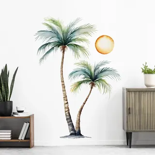 Tanlaby Wandtattoo Palme Groß Baum Wandaufkleber Aquarell Palmen Tropische Pflanzen Wandsticker Sonne Kokosnussbaum für Wohnzimmer Schlafzimmer Flur Bad Wanddeko
