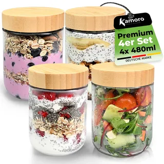 Overnight Oats Gläser 4er Set – Luftdichte Vorratsgläser mit Bambusdeckel 480 ml – Ideal für Overnight Oats, Müslibecher to go, Porridge, Joghurt & Marmelade - Nachhaltige Meal Prep Gläser