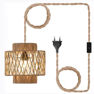 EcoGehen Vintage Boho Rattan Hängelampe mit Stecker Lampe E27 Pendelleuchte Rattan Lampenschirm Hängeleuchte Hängende Esstischlampe Pflanzenlampe 450cm Kabel für Schlafzimmer Küche Esstisch Pavillon
