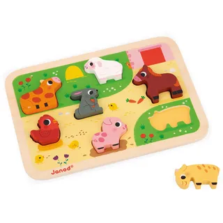Janod - Chunky Puzzle Auf dem Bauernhof - FSC-Holz - 7 Teile - Fördert Feinmotorik, Konzentration und Fantasie - Ab 18 Monaten, J07121