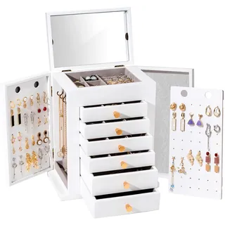 ProCase Schmuckkästchen Schmuckaufbewahrung Groß Holz Schmuckschatulle mit 7 Ebenen Schmuckkasten Schmuckbox Schmuck Organizer mit Spiegel, Schubladen für Ringe, Ohrringe -Weiß