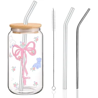 Bow Glasbecher, 500ml Trinkgläser mit Deckel und Strohhalm, Glas mit Bow Aesthetic Pink Stuff, Elegantes Geschenk für Beste Freundin, Trinkbecher für Eiskaffee Bubble Tee Smoothie Matcha Cocktail