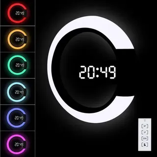 LED Wanduhr mit Fernbedienung und RGB-Beleuchtung – 12/24-Stunden-Anzeige, Temperaturanzeige und Weckfunktion - Schwarz
